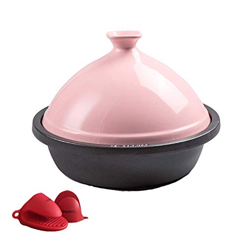 H.aetn Tagine Olla de Cocina de Hierro Fundido Tajine Cooking con Base de Hierro Fundido esmaltado y Tapa de cerámica Resistente al Calor, Compatible con Todas Las Estufas, Rosa