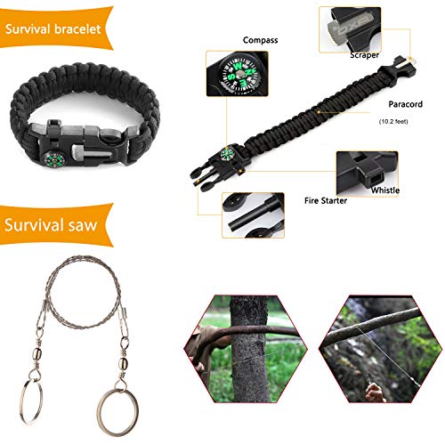 Halcent Kit Supervivencia, 14 Piezas Kit Emergencia con Brujula Silbato Emergencia Mechero Rasqueta Arrancador de Fuego Kit de Supervivencia Militar para Viajar Senderismo Escalada Caza