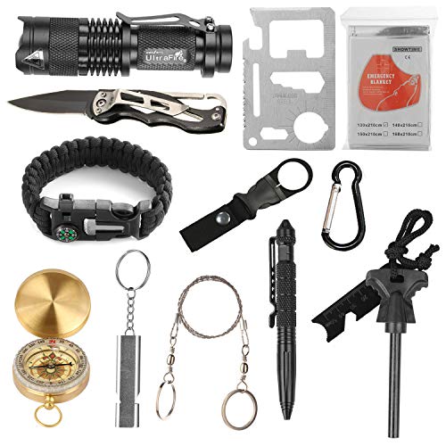 Halcent Kit Supervivencia, 14 Piezas Kit Emergencia con Brujula Silbato Emergencia Mechero Rasqueta Arrancador de Fuego Kit de Supervivencia Militar para Viajar Senderismo Escalada Caza