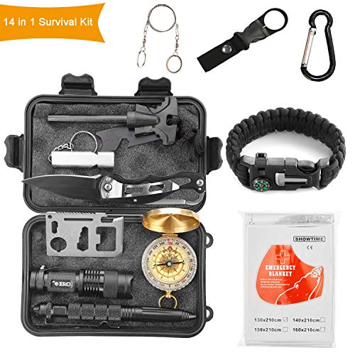 Halcent Kit Supervivencia, 14 Piezas Kit Emergencia con Brujula Silbato Emergencia Mechero Rasqueta Arrancador de Fuego Kit de Supervivencia Militar para Viajar Senderismo Escalada Caza