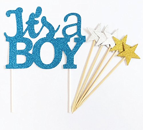 Handmade 7 Counts Glitter Baby Shower Cake Decorating Toppers - IT'S A BOY set