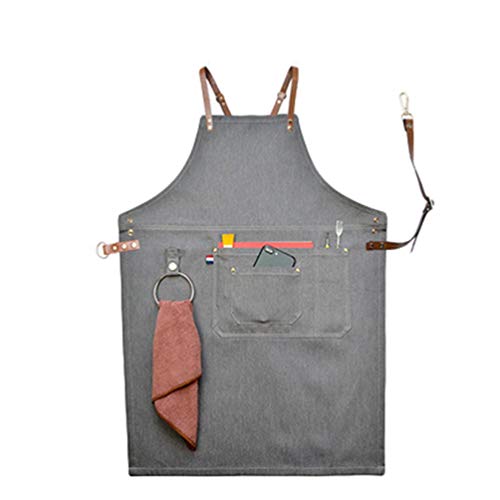 Haobing Delantal de Trabajo en Vaqueros para Hombres y Mujeres Delantal de Cocina, Taller, Café, Estudio, Restaurante (Estilo A #Gris, 80 * 61cm)