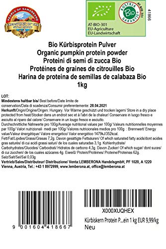 Harina de Proteínas de Semillas Pipas de calabaza Bio 57% proteína 1 kg polvo vegana con 14% de fibra dietética orgánicas low-carb pumpkin protein powder 1000g