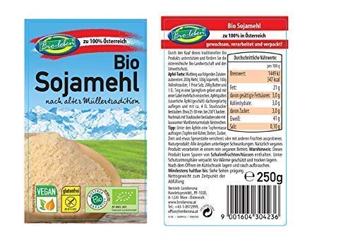 Harina de soja austriaca ecológica austríaca, sin gluten 1,75kg Bio biológica, procedente de soja orgánica de Austria sin OMG, tostada y deshidratada 7x250g