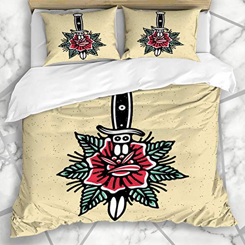 HARXISE Ropa de Cama - Funda nórdica Flor Espada Tatuaje Flash Rose Cuchillo Auténtico Vintage Oldschool Antiguo Retro Insignia Clásico Microfibra Nuevo Set de Tres Piezas Funda de edredón 220 * 240