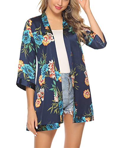 Hawiton Mujer Cárdigan Kimono Florales Manga 3/4 Gasa Boho Blusa Playa Encubrir Chaqueta Fina Casual