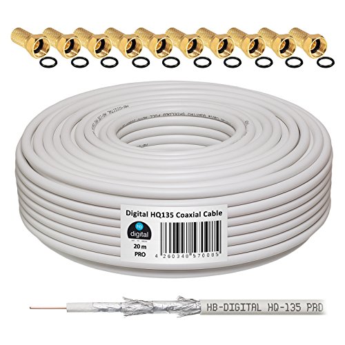 HB-Digital - Cable coaxial para DVB-S, S2 DVB-C y DVB-T(130 dB, HQ-135, Pro, apantallamiento cuádruple, BK, 10 Conectores F Dorados) 20 m Blanco