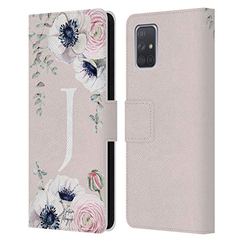 Head Case Designs Oficial Nature Magick Letra J Monograma Floral Flores Rosadas Carcasa de Cuero Tipo Libro Compatible con Samsung Galaxy A71 (2019)