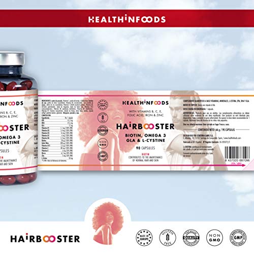 Healthinfoods Cabello Piel Uñas.Biotina,Omega 3,Zinc,GLA,L Cistina,Hierro,Vitaminas. Fórmula Hairbooster Anticaída para Potenciar el Crecimiento y Fortalecimiento de Pelo,Uñas y Piel. 90 Cápsulas.GMP.