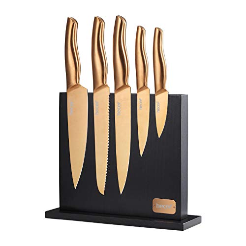 Hecef 6 Piezas Juego de Cuchillos de Cocina, Elegantes Cuchillos Chapados en Titanio de Color Oro Rosa con Mango Hueco & Soporte Magnético de Madera de Fresno para Cuchillos