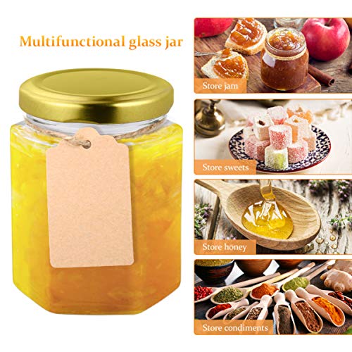 Hemoton 10 unidades de tarros hexagonales de cristal para tarros de cristal de Honey Jars con lodos dorados y etiquetas para el hogar, cocina, fiestas, Wedding Favors