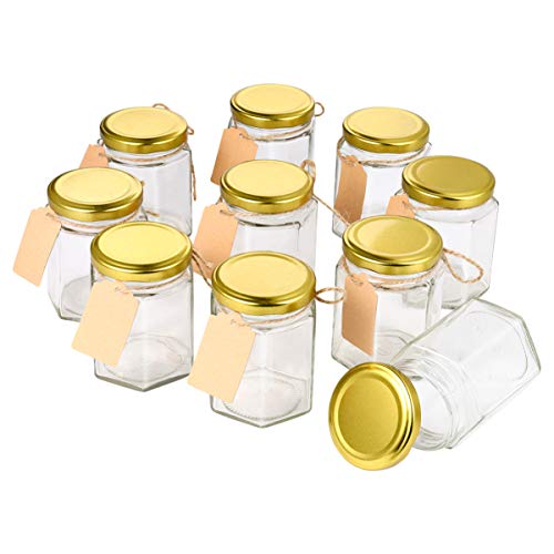 Hemoton 10 unidades de tarros hexagonales de cristal para tarros de cristal de Honey Jars con lodos dorados y etiquetas para el hogar, cocina, fiestas, Wedding Favors