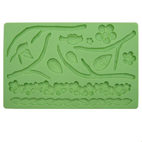 Herramienta de fondant, diseño de ramas y hojas pájaros forma molde para hornear silicona relieve Die Azúcar Artes flores