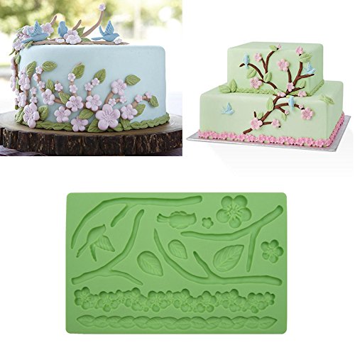 Herramienta de fondant, diseño de ramas y hojas pájaros forma molde para hornear silicona relieve Die Azúcar Artes flores