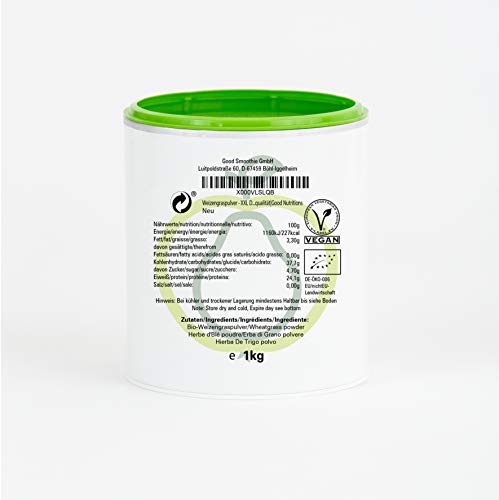 Hierba De Trigo en Polvo - Embalaje XXL 1000g|rica en vitamina|biológico|vegano|crudo|pura nutrición|no aditivo|Good Nutritions