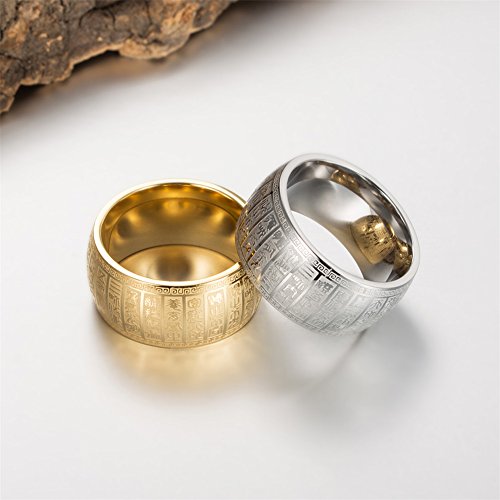 HIJONES Hombre Acero Inoxidable Plata Chino Taoísmo Encanto Oro Mantra 11 Mm Amplia Cúpula Anillo, Tamaño 25