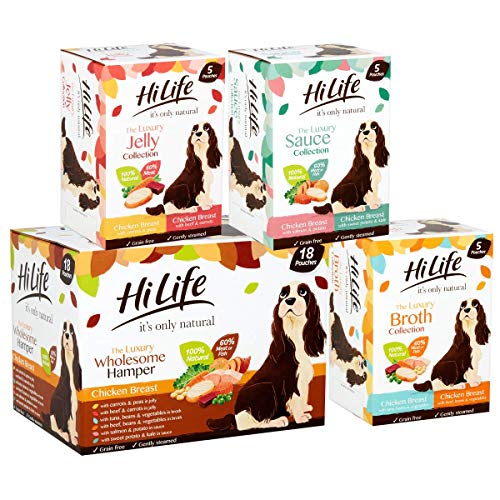 HiLife es sólo alimento natural para perros, pollo con salmón y patatas en salsa, 15 bolsas de 100 g (El embalaje puede variar)