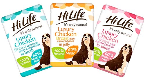 HiLife es sólo alimento natural para perros, pollo con salmón y patatas en salsa, 15 bolsas de 100 g (El embalaje puede variar)