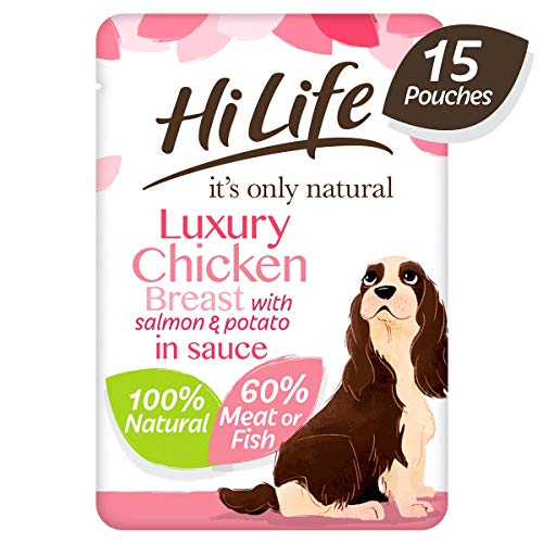 HiLife es sólo alimento natural para perros, pollo con salmón y patatas en salsa, 15 bolsas de 100 g (El embalaje puede variar)