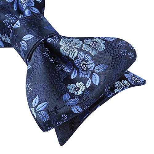 HISDERN Floral jacquard hombre pajarita y juego de bolsillo cuadrado azul marino