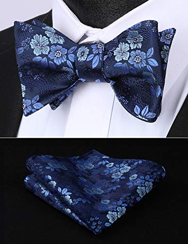 HISDERN Floral jacquard hombre pajarita y juego de bolsillo cuadrado azul marino