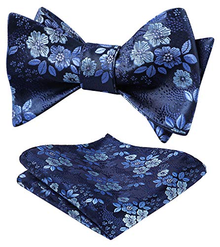 HISDERN Floral jacquard hombre pajarita y juego de bolsillo cuadrado azul marino