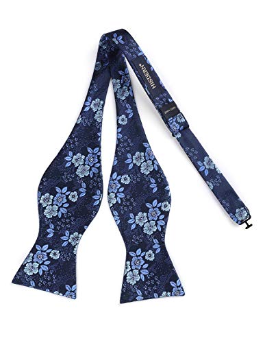 HISDERN Floral jacquard hombre pajarita y juego de bolsillo cuadrado azul marino