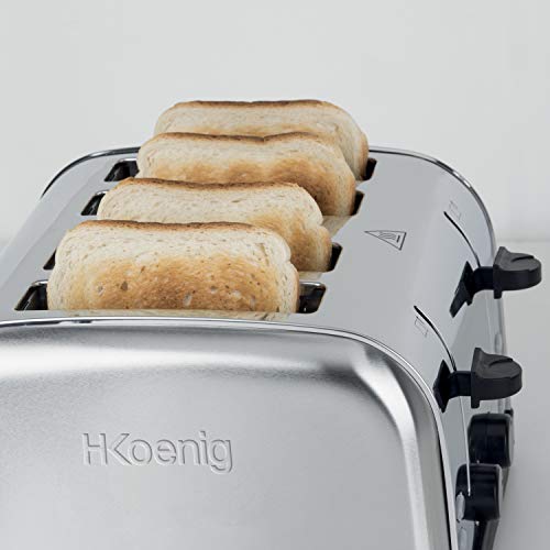 H.Koenig TOS14 Pan, Tostadora 4 Ranuras Largas y Anchas, Potencia 1500 W, 6 Niveles de Tostado, Bandeja de Migas Extraíble, Diseño Moderno en Acero Inoxidable, 29.6 x 28.3 x 17.9 Cm, 1700, oxidado