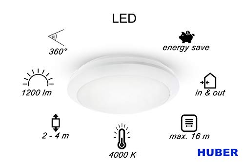 HML LED HML 80 HF Luz LED con detector de movimiento de 360 °, blanco, 16 W, 1200 lm, IP44 para uso interior y exterior, tecnología de radar, adecuada como luz de pasillo, luz de techo y luz exterior