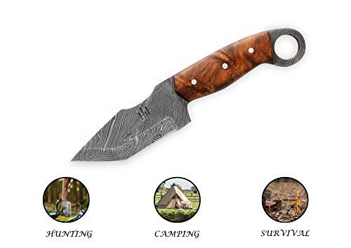 Hobby Hut HH-301, Cuchillo de Caza de Damasco de 9,5 Pulgadas Hecho a Mano Personalizado - Hoja Fija de Espiga Completa, Mango de Madera de Nogal - Funda de Cuero