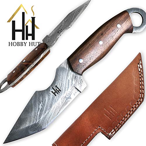 Hobby Hut HH-301, Cuchillo de Caza de Damasco de 9,5 Pulgadas Hecho a Mano Personalizado - Hoja Fija de Espiga Completa, Mango de Madera de Nogal - Funda de Cuero
