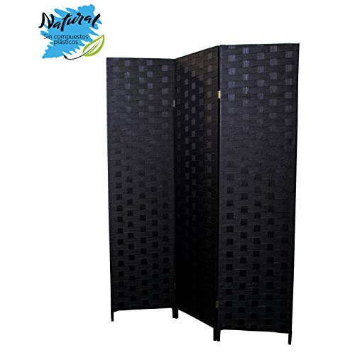 Hogar y Mas Biombo Separador de ambientes, Negro Trenzado Bambú Natural, 3 Paneles, para Dormitorio. 180x135