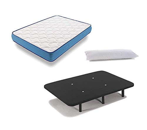 HOGAR24 ES Cama Completa - Colchón Viscoelástico Viscorelax + Base Tapizada 3D Color Negro + 6 Patas de 26cm + Almohada de Fibra, 135x190 cm