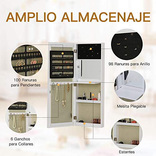 HOMCOM Armario Joyero con Espejo de Cuerpo Entero Gabinete para Joyería para Montar en la Pared o Colgar en la Puerta con Panel Plegable Ganchos y Ranuras para Joyas 35,5x100x9 cm Blanco