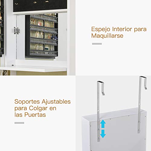 HOMCOM Armario Joyero con Espejo de Cuerpo Entero Gabinete para Joyería para Montar en la Pared o Colgar en la Puerta con Panel Plegable Ganchos y Ranuras para Joyas 35,5x100x9 cm Blanco