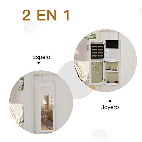 HOMCOM Armario Joyero con Espejo de Cuerpo Entero Gabinete para Joyería para Montar en la Pared o Colgar en la Puerta con Panel Plegable Ganchos y Ranuras para Joyas 35,5x100x9 cm Blanco