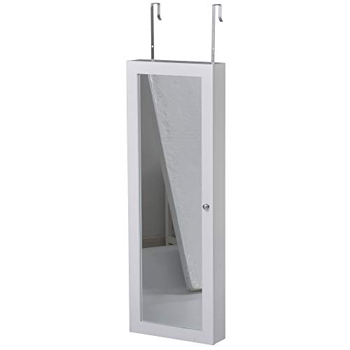 HOMCOM Armario Joyero con Espejo de Cuerpo Entero Gabinete para Joyería para Montar en la Pared o Colgar en la Puerta con Panel Plegable Ganchos y Ranuras para Joyas 35,5x100x9 cm Blanco