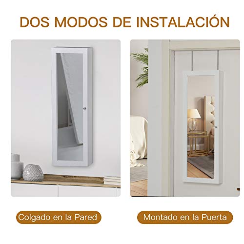 HOMCOM Armario Joyero con Espejo de Cuerpo Entero Gabinete para Joyería para Montar en la Pared o Colgar en la Puerta con Panel Plegable Ganchos y Ranuras para Joyas 35,5x100x9 cm Blanco