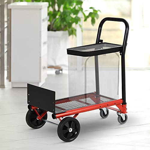 HOMCOM Carretilla Multiusos Ajustable en Altura Carro de Limpieza de 2 Posiciones con 4 Ruedas Plataforma de Rejilla y Anilla Metálica para Bolsa de Basura 41,5x38,5x92-104 cm Naranja y Negro