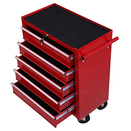 HOMCOM Carro Caja de Herramientas Taller movil con 5 cajones 4 Ruedas Chapa de Acero Rojo