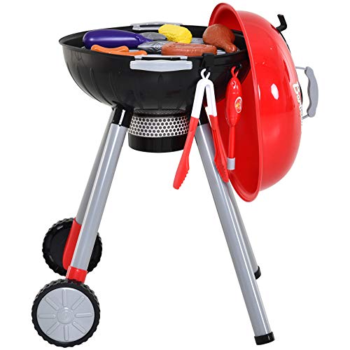 HOMCOM Juego de Barbacoa para Niños Mayores de 3 Años Juguete de Simulación BBQ de Carbón con Accesorios de 39 Piezas Luz y Sonido 34,5x37x56 cm Rojo