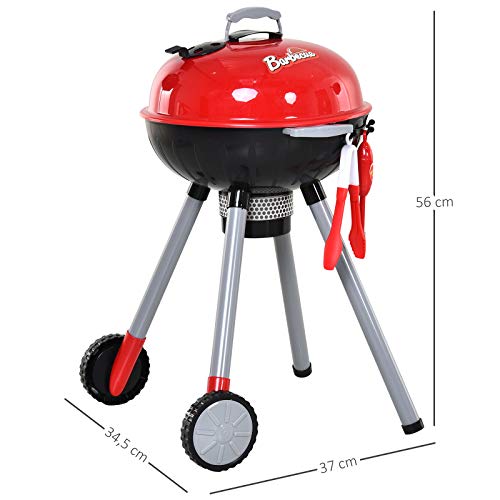 HOMCOM Juego de Barbacoa para Niños Mayores de 3 Años Juguete de Simulación BBQ de Carbón con Accesorios de 39 Piezas Luz y Sonido 34,5x37x56 cm Rojo