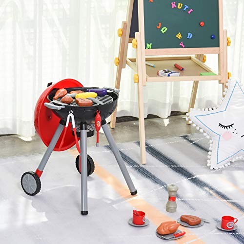 HOMCOM Juego de Barbacoa para Niños Mayores de 3 Años Juguete de Simulación BBQ de Carbón con Accesorios de 39 Piezas Luz y Sonido 34,5x37x56 cm Rojo