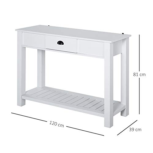 HOMCOM Mesa Tipo Consola Estilo Colonial Mesa Auxiliar para Pasillos Entradas Dormitorio con Cajón Estante Inferior Espacioso Soporta hasta 60 kg 120x39x81 cm Blanco