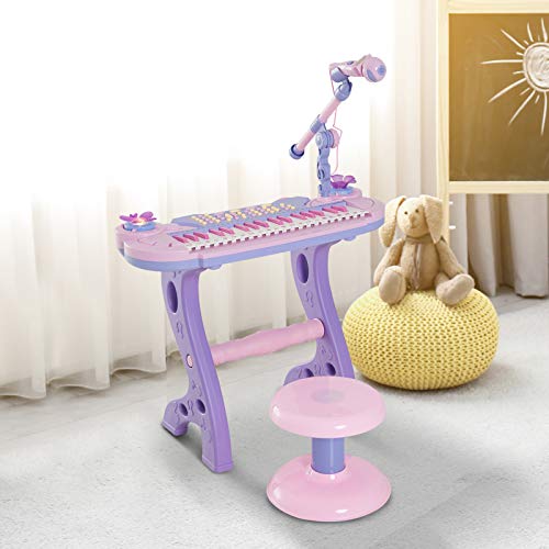 HOMCOM Piano Infantil 37 Teclas Teclado Electrónico Juego de Piano Regalo Juguete Educativo para Niños +3 Años con Micrófono Taburete Luces y 22 Canciones USB/MP3 Karaoke Rosa