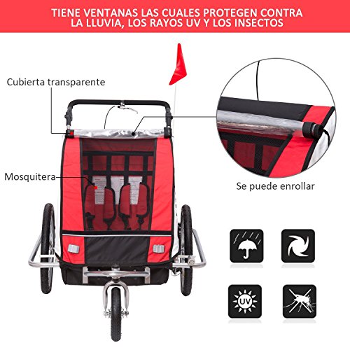 HOMCOM Remolque para Bicicleta tipo Carro con Barra de Paseo para Niños de 2 Plazas con Rueda Delantera Giratoria 360° y Asiento Acolchado Carga Máx. 40kg (Rojo)