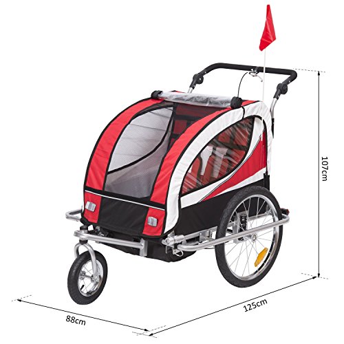 HOMCOM Remolque para Bicicleta tipo Carro con Barra de Paseo para Niños de 2 Plazas con Rueda Delantera Giratoria 360° y Asiento Acolchado Carga Máx. 40kg (Rojo)