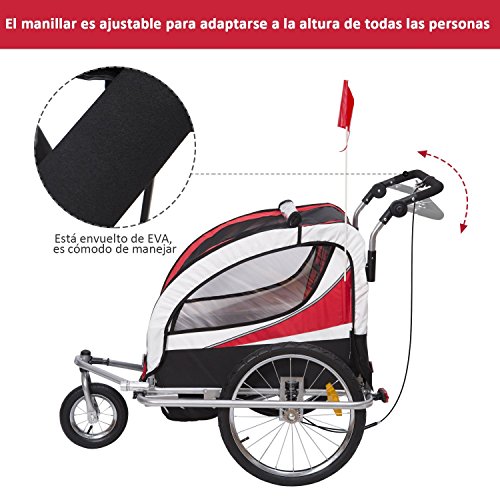 HOMCOM Remolque para Bicicleta tipo Carro con Barra de Paseo para Niños de 2 Plazas con Rueda Delantera Giratoria 360° y Asiento Acolchado Carga Máx. 40kg (Rojo)