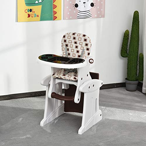 HOMCOM Trona para Bebés 3 en 1 para Mayores de 6 Meses Transformable en Mesa y Silla Multifuncional Ajustable en 3 Posiciones Respaldo Alto Acolchado con 2 Bandejas Extraíbles 57x59x105 cm Blanco