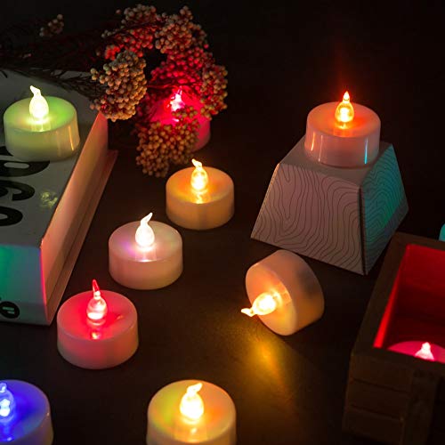 Homemory 24 velas de té LED que cambian de color, sin llama, con colores arcoíris, funciona con pilas, velas falsas de colores para bodas, fiestas y Navidad, sin luz parpadeante